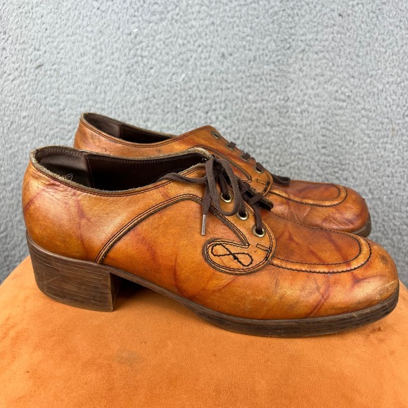 vintage 70s platform shoes high heel  brown leather oxford 1970 disco pimp 9.5